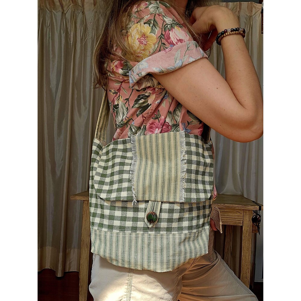 Handmade Gingham & Stripe Canvas Tote – Rustic Vintage Style Shoulder Bag